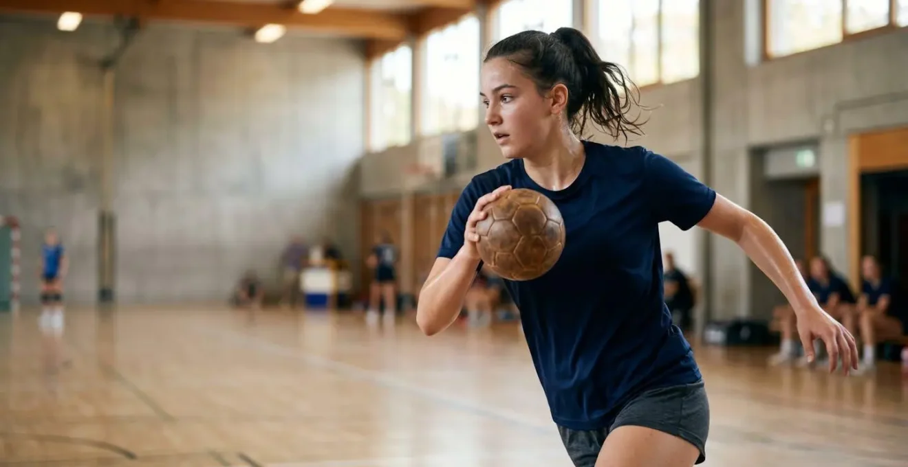Jeune handballeur en pleine action lors d'un entraînement, concentré sur son développement technique