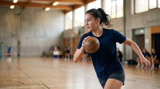 Jeune handballeur en pleine action lors d'un entraînement, concentré sur son développement technique