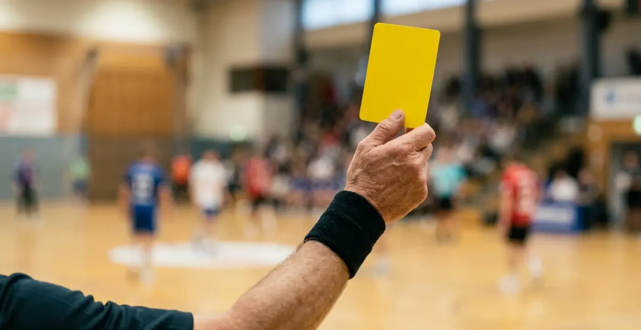 Arbitre de handball brandissant un carton jaune en début de match pour cadrer l'agressivité des joueurs