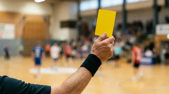 Arbitre de handball brandissant un carton jaune en début de match pour cadrer l'agressivité des joueurs