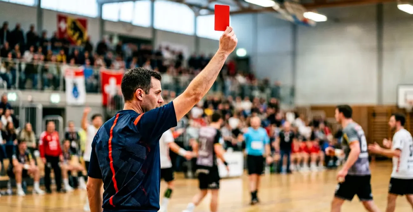 Arbitre de handball brandissant un carton rouge lors d'un match intense dans une salle suisse