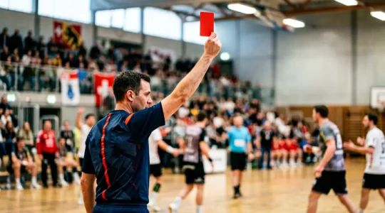 Arbitre de handball brandissant un carton rouge lors d'un match intense dans une salle suisse