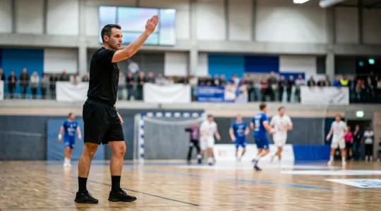 Arbitre de handball levant le bras pour signaler un avertissement de jeu passif lors d'un match en salle