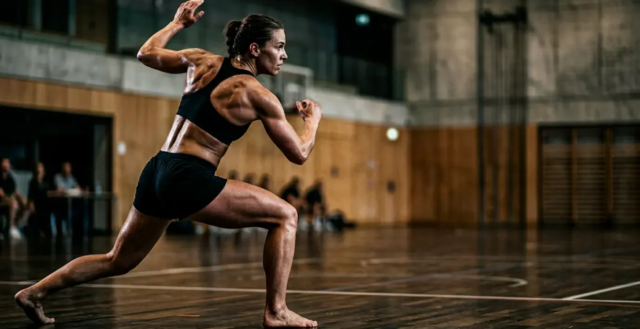 Joueur de handball en position défensive montrant sa musculature protectrice