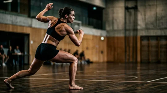 Joueur de handball en position défensive montrant sa musculature protectrice