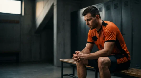 Joueur de handball concentré avant un match décisif, ambiance de vestiaire suisse