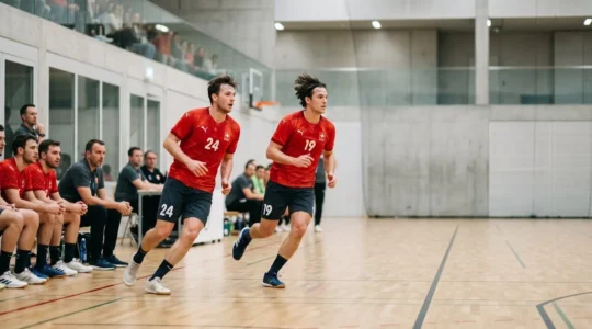 Action dynamique de handball montrant la coordination entre joueurs lors d'un changement tactique en plein match