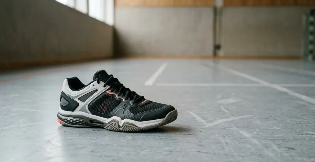 Chaussure de handball spécialisée posée sur sol dur de halle sportive avec focus sur le système d'amorti