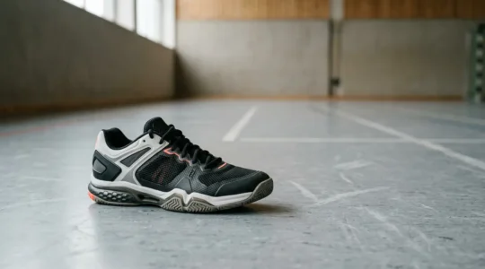 Chaussure de handball spécialisée posée sur sol dur de halle sportive avec focus sur le système d'amorti