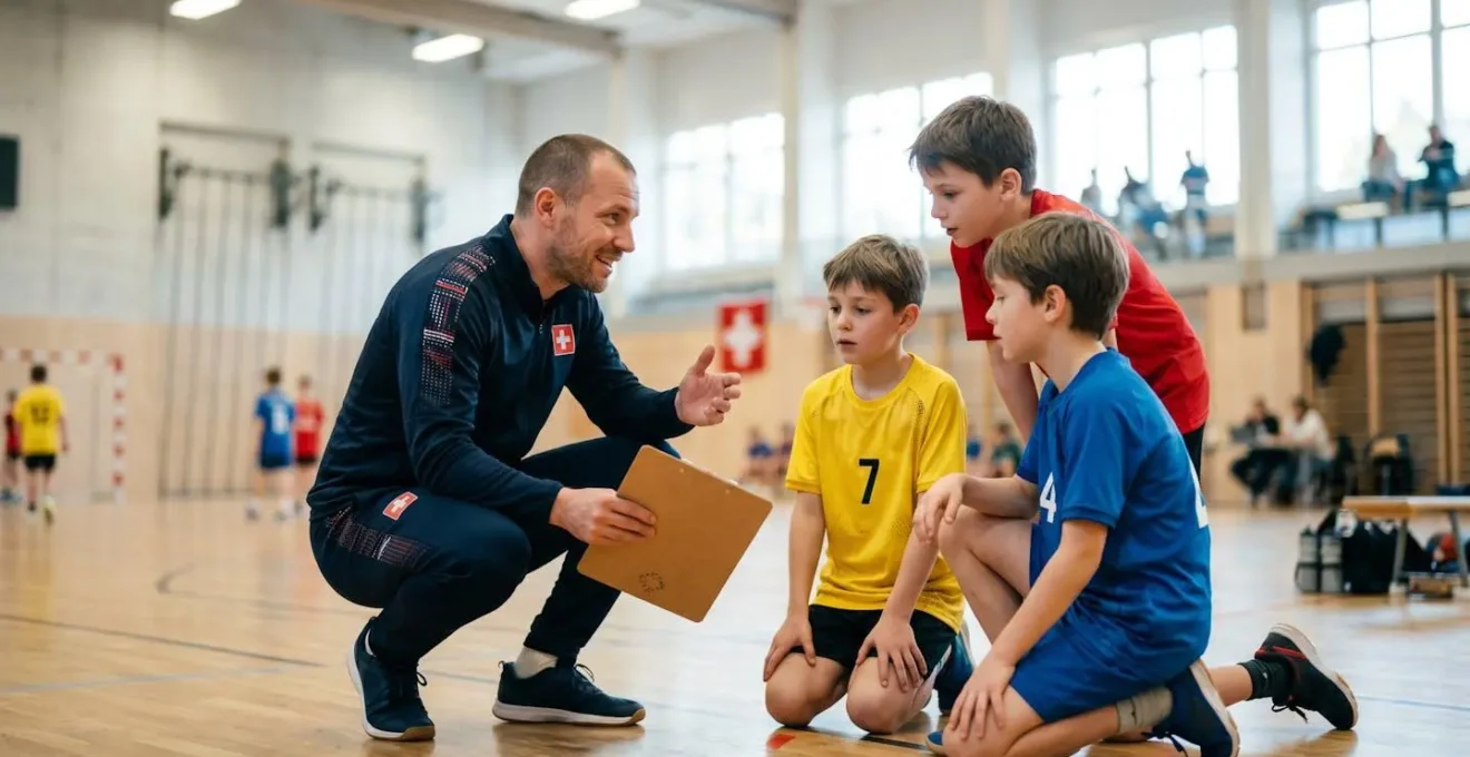 Un entraîneur diplômé guide des jeunes handballeurs lors d'une séance de formation structurée en Suisse