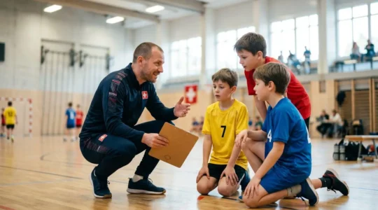 Un entraîneur diplômé guide des jeunes handballeurs lors d'une séance de formation structurée en Suisse