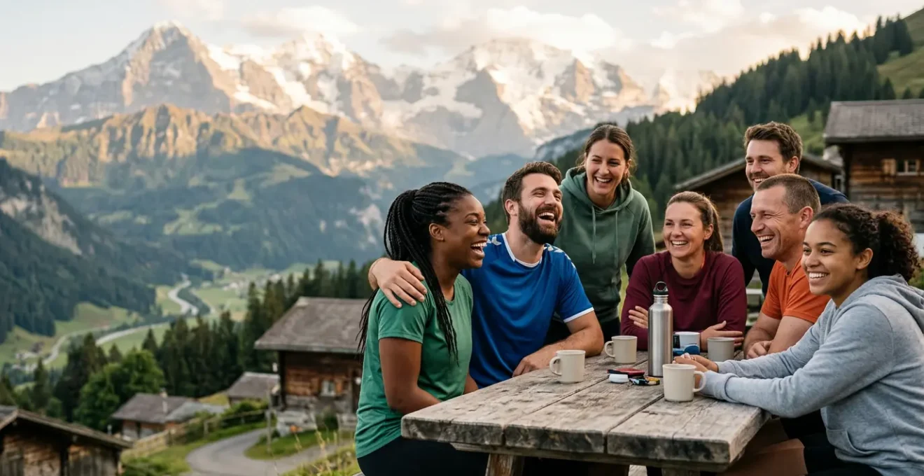 Équipe de handball suisse partageant un moment convivial lors d'une activité extra-sportive en montagne