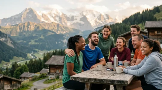Équipe de handball suisse partageant un moment convivial lors d'une activité extra-sportive en montagne