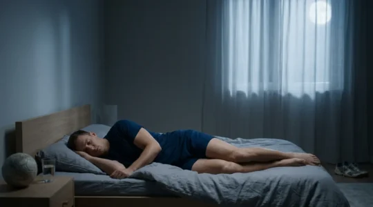 Athlète de handball en phase de récupération nocturne profonde, symbolisant la reconstruction musculaire pendant le sommeil