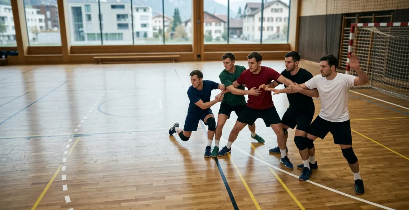 Scène de match de handball en infériorité numérique avec formation défensive compacte