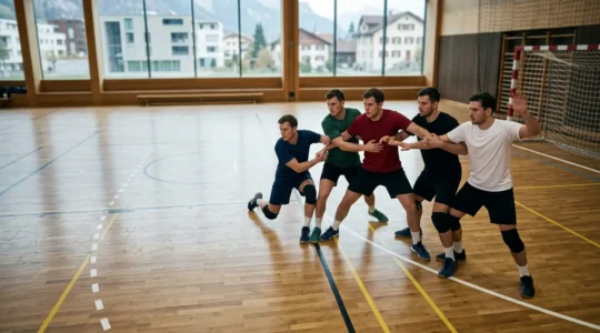 Scène de match de handball en infériorité numérique avec formation défensive compacte