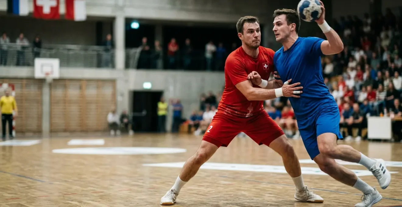 Joueur de handball en position défensive face à un attaquant lors d'un duel physique en championnat suisse