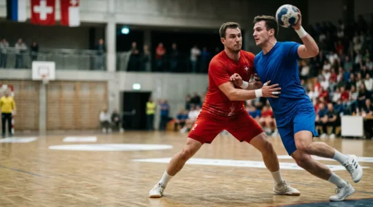 Joueur de handball en position défensive face à un attaquant lors d'un duel physique en championnat suisse