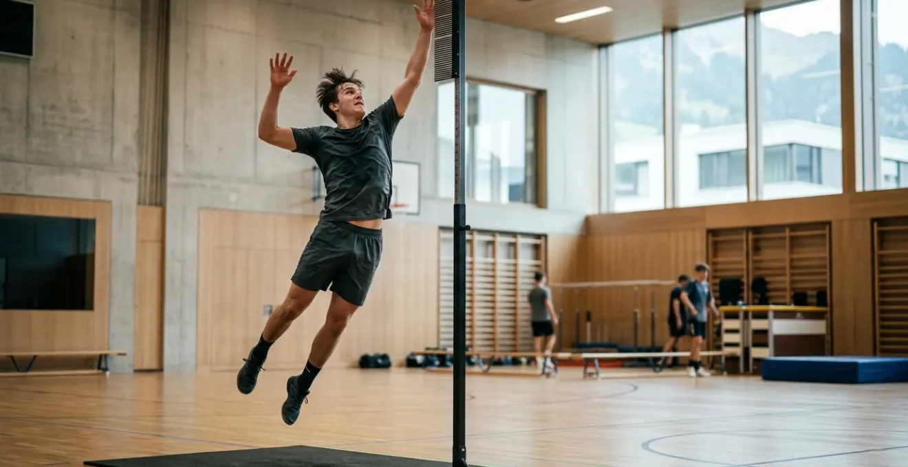Jeune handballeur suisse en pleine action lors d'un test de détection physique dans un centre d'entraînement moderne