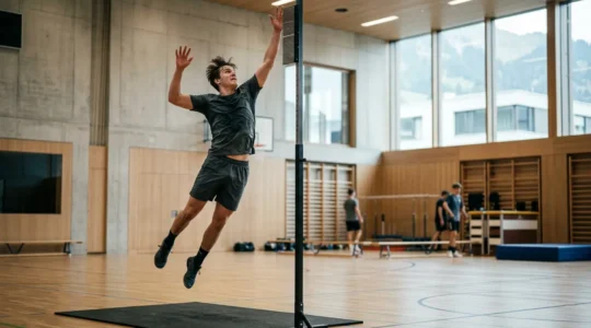 Jeune handballeur suisse en pleine action lors d'un test de détection physique dans un centre d'entraînement moderne
