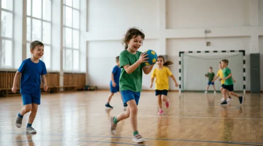 Groupe d'enfants de 5 à 8 ans jouant au mini-handball avec un ballon en mousse dans une salle de sport