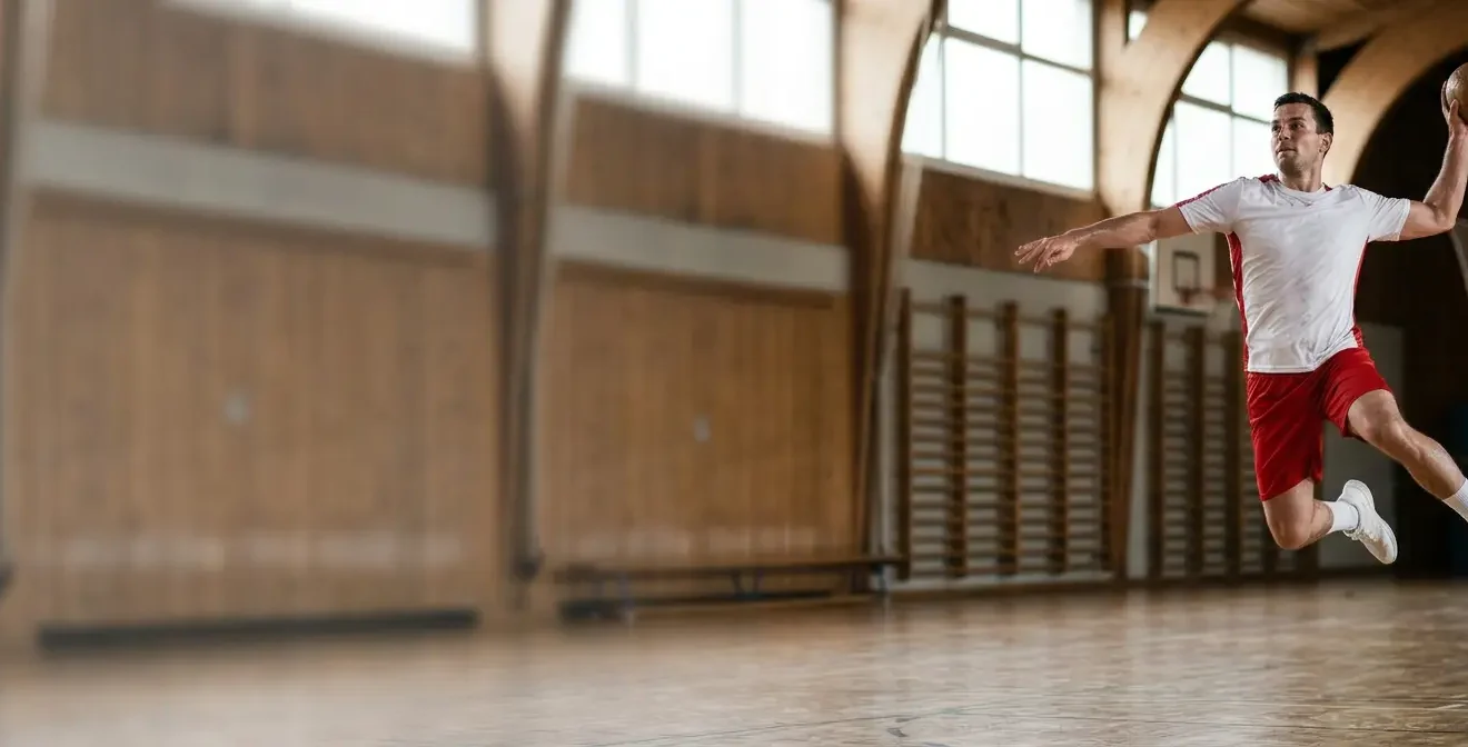 Athlète de handball en pleine action de saut explosif lors d'un entraînement physique spécifique