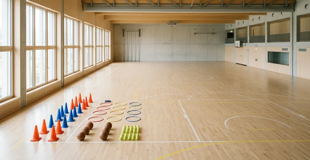 Entraineur de handball planifiant une seance diversifiee avec materiel sportif varie