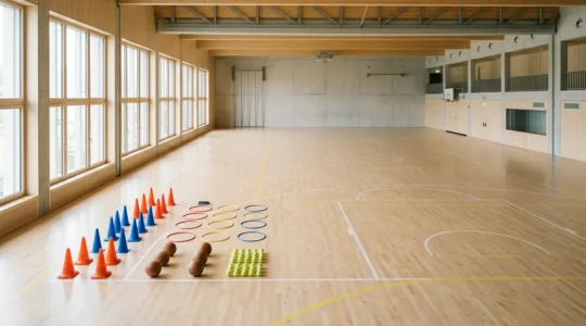 Entraineur de handball planifiant une seance diversifiee avec materiel sportif varie