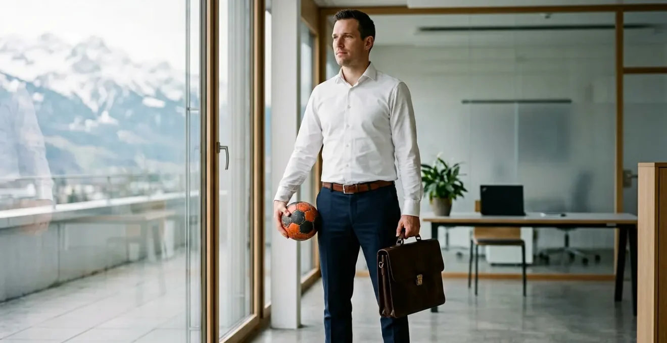 Professionnel suisse en tenue de travail tenant un ballon de handball, symbolisant l'équilibre entre carrière et passion sportive