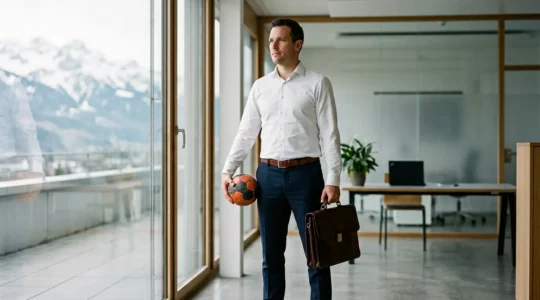 Professionnel suisse en tenue de travail tenant un ballon de handball, symbolisant l'équilibre entre carrière et passion sportive