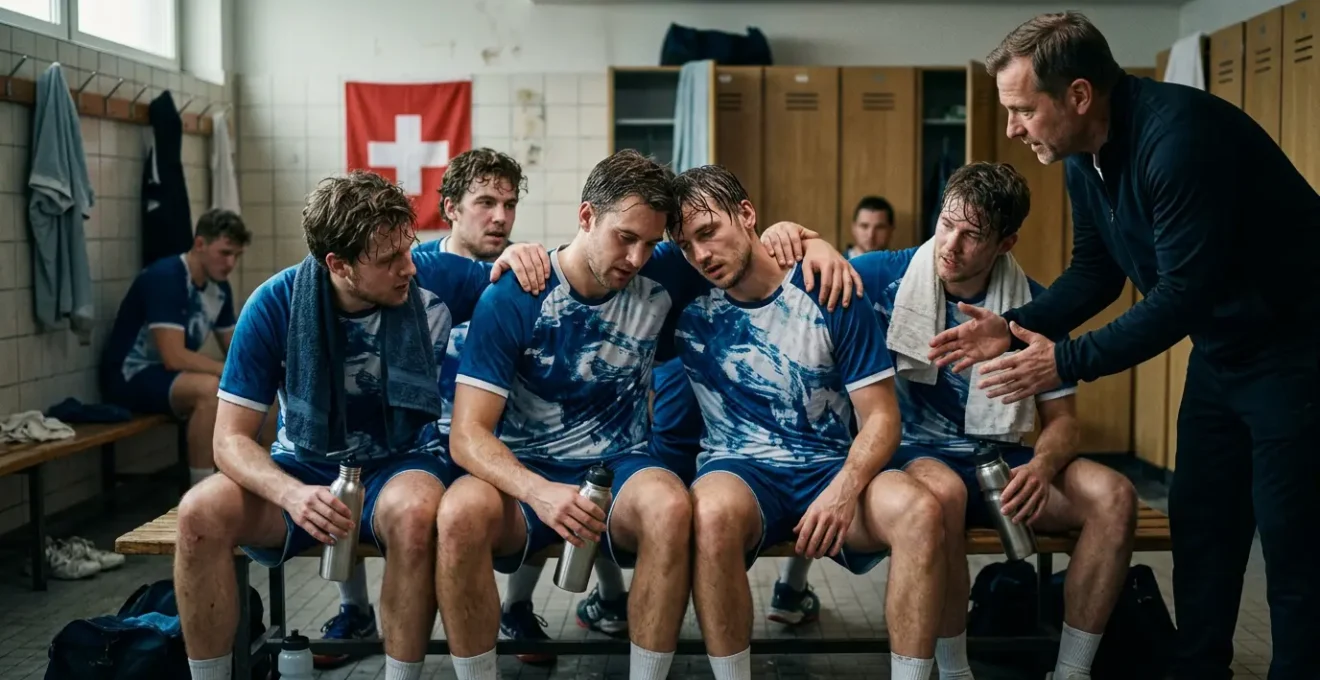 Une équipe de handball réunie dans un vestiaire après une défaite, montrant la solidarité et la cohésion du groupe