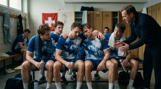 Une équipe de handball réunie dans un vestiaire après une défaite, montrant la solidarité et la cohésion du groupe