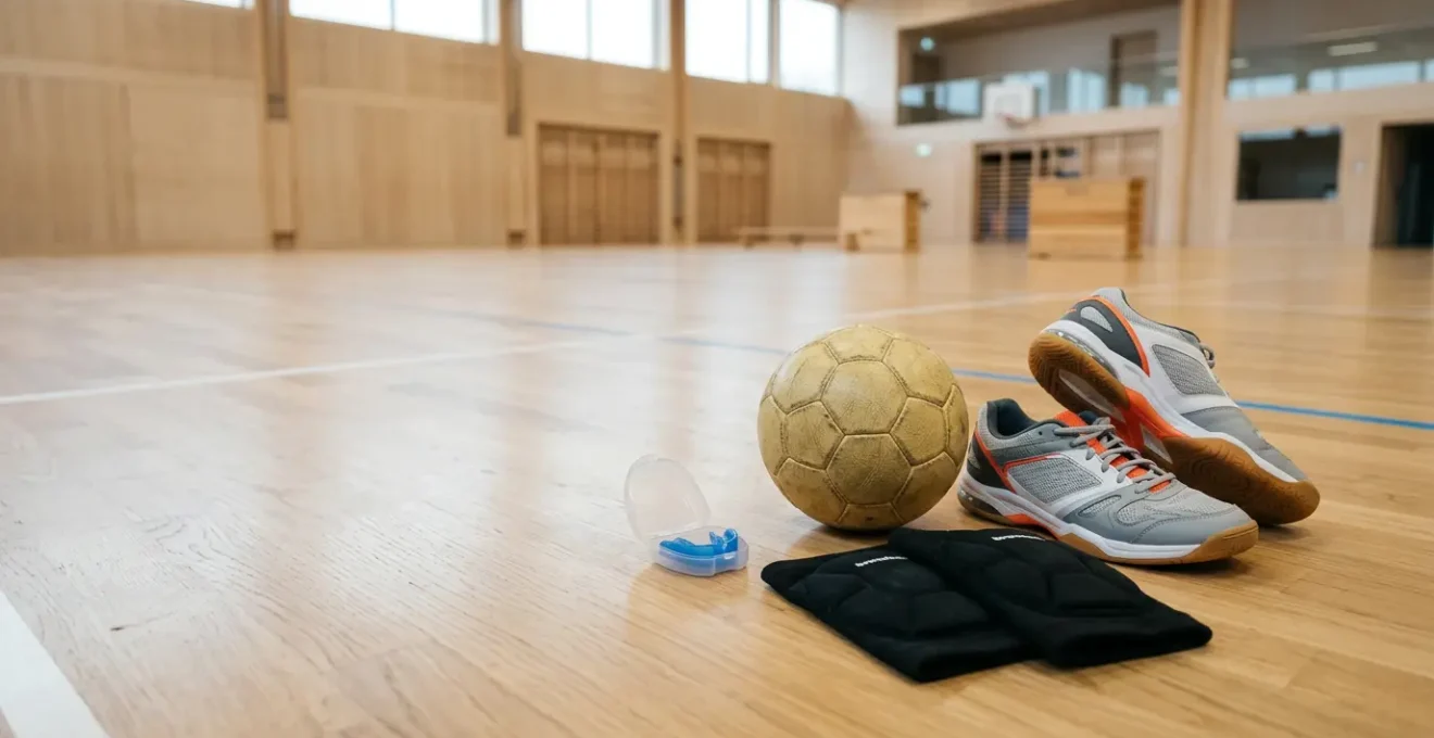 Équipement de handball pour débutant disposé sur une surface en bois, avec ballon, chaussures et protections