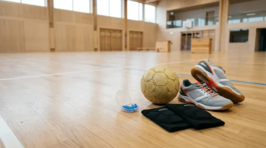 Équipement de handball pour débutant disposé sur une surface en bois, avec ballon, chaussures et protections