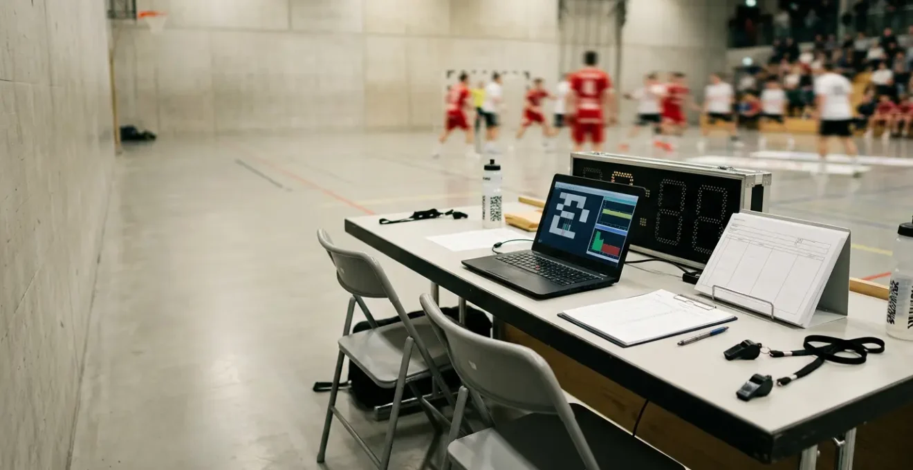 Vue panoramique d'une table de marque de handball lors d'un match intense avec chronomètre et équipement de saisie