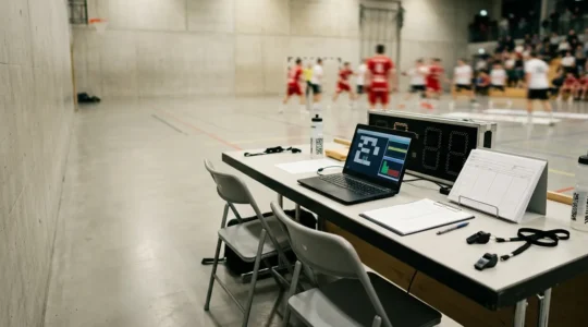 Vue panoramique d'une table de marque de handball lors d'un match intense avec chronomètre et équipement de saisie