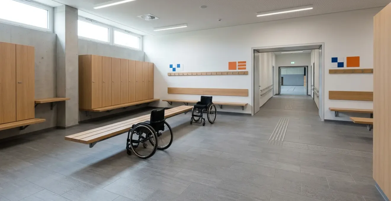 Vestiaire de hall sportif accessible avec porte large et espace de manoeuvre adapté pour fauteuils roulants