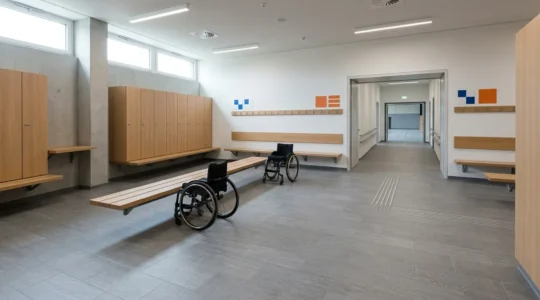 Vestiaire de hall sportif accessible avec porte large et espace de manoeuvre adapté pour fauteuils roulants
