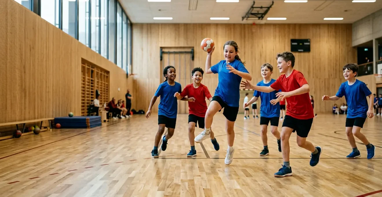 Photographie de jeunes joueurs de handball en pleine action lors d'un entraînement en salle, illustrant l'esprit d'équipe et le développement athlétique