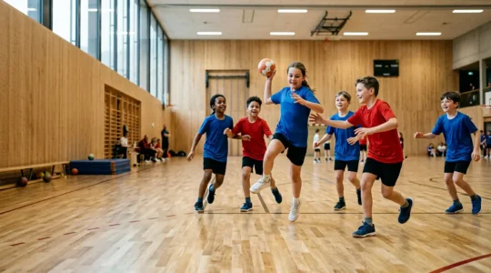 Photographie de jeunes joueurs de handball en pleine action lors d'un entraînement en salle, illustrant l'esprit d'équipe et le développement athlétique