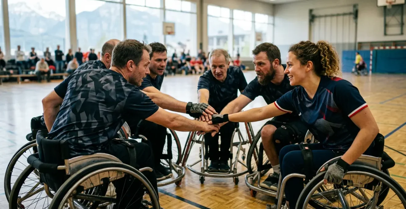Joueurs de handball en fauteuil roulant sportif formant un cercle de cohésion avant un match en Suisse
