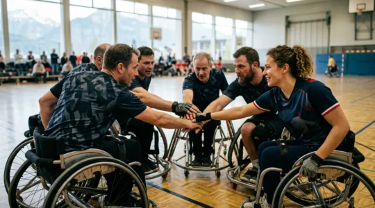 Joueurs de handball en fauteuil roulant sportif formant un cercle de cohésion avant un match en Suisse