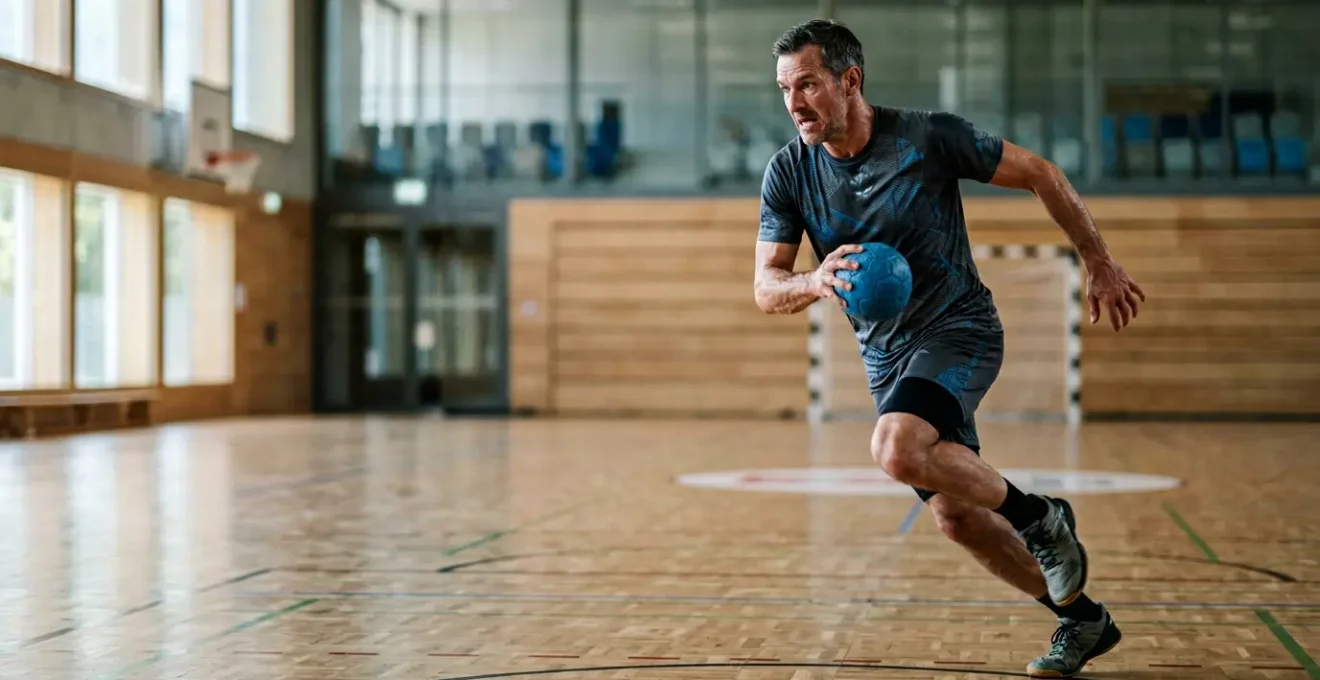 Joueur de handball de plus de 40 ans en pleine action cardio lors d'un sprint intense en salle