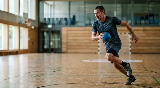 Joueur de handball de plus de 40 ans en pleine action cardio lors d'un sprint intense en salle