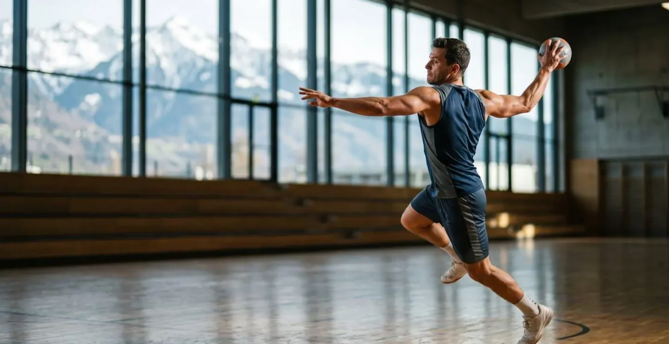 Joueur de handball en action montrant sa silhouette athlétique et sa carrure développée