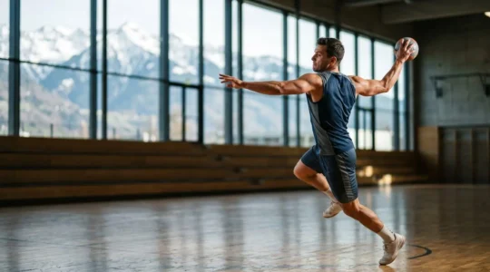 Joueur de handball en action montrant sa silhouette athlétique et sa carrure développée