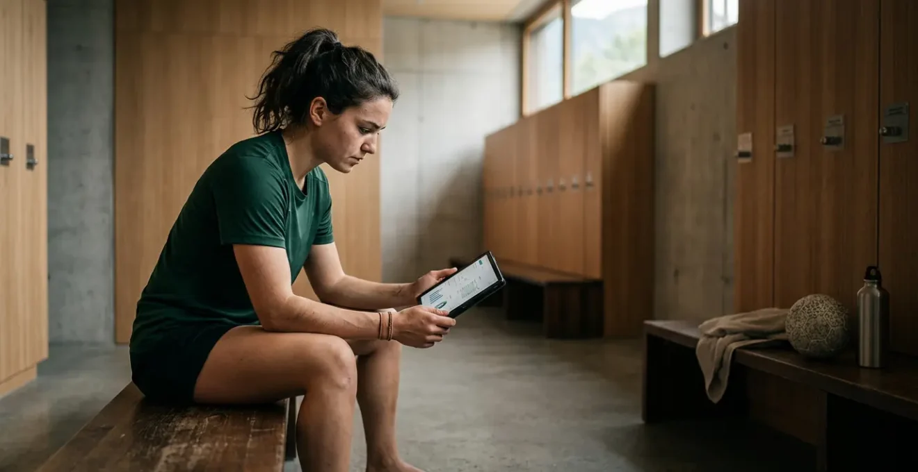 Joueur de handball en Suisse consultant ses indicateurs de performance dans un environnement sportif professionnel