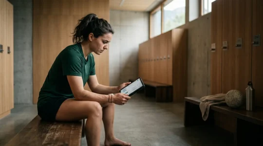 Joueur de handball en Suisse consultant ses indicateurs de performance dans un environnement sportif professionnel
