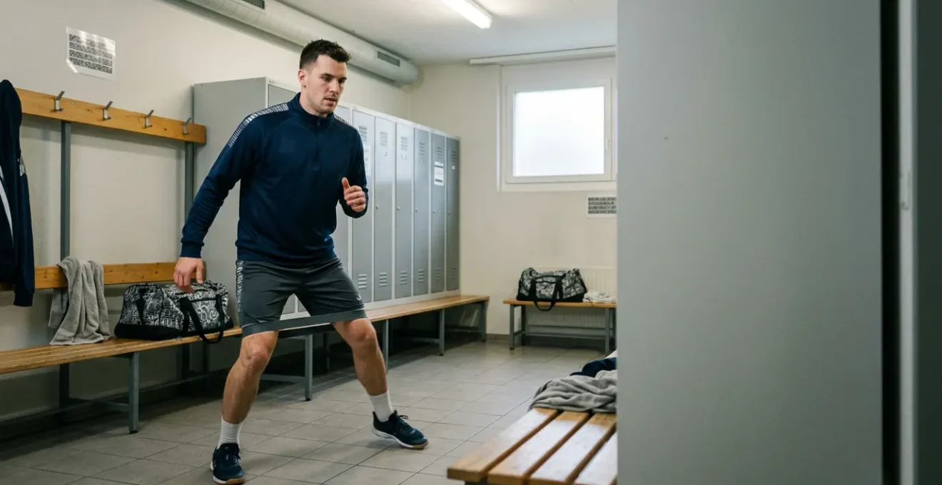 Handballeur en tenue suisse effectuant un échauffement rapide dans un vestiaire de club