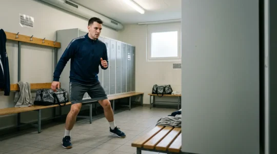 Handballeur en tenue suisse effectuant un échauffement rapide dans un vestiaire de club